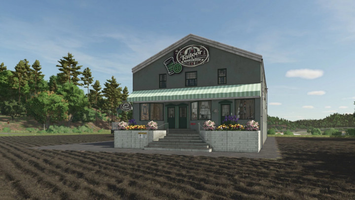 fs25-mods,  Tailor shop building mod in Farming Simulator 25, surrounded by trees and fields, showcasing clothing production features.