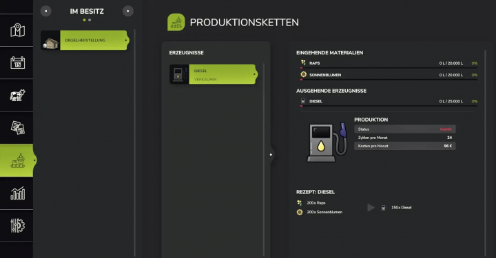 fs25-mods, FS25 Diesel Production mod interface showing resources and production status.