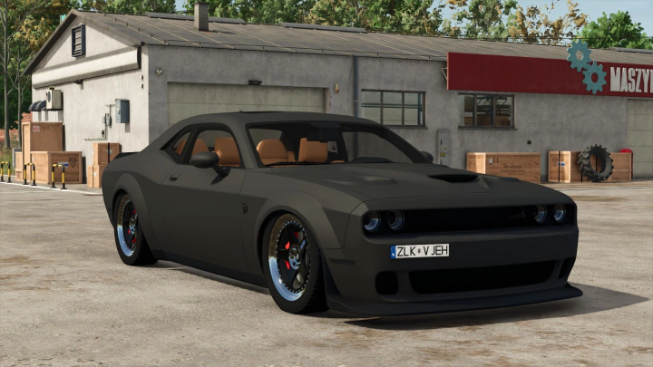 fs25-mods, FS25 mod Dodge Challenger Hellcat in front of a garage, showcasing in-game customization.