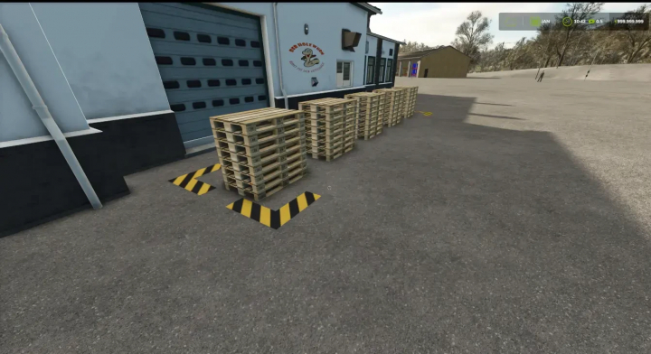 fs25-mods, FS25 Europallet production mod showing stacks of pallets outside a warehouse.