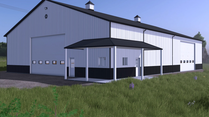 fs25-mods, FS25 66x96 Shop mod v1.0.0.0 in Farming Simulator 25, featuring a large white and black barn in a grass field.