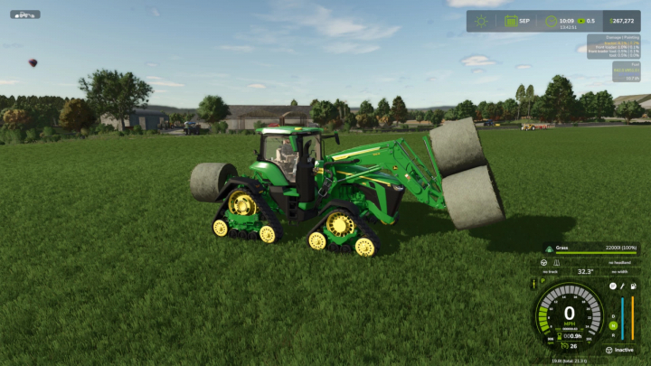 fs25-mods,  FS25 mod of 8R/RX tractor with front loader lifting hay bales in a field, showcasing Farming Simulator 25 gameplay.