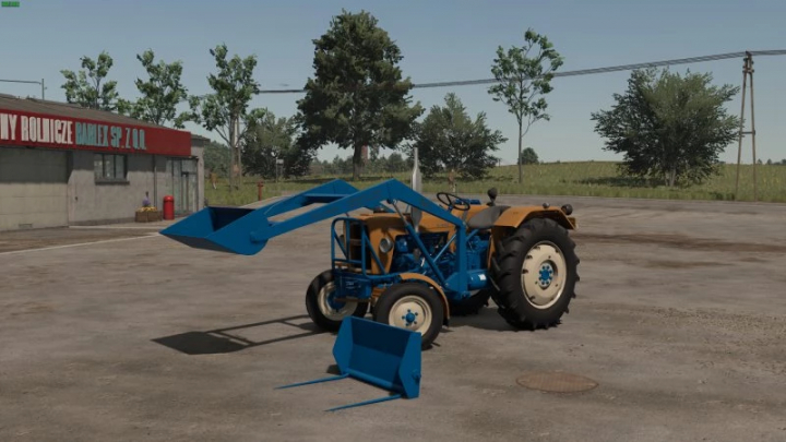 fs25-mods, FS25 Front Loader v1.0.0.0 mod for Farming Simulator 25, featuring a blue and brown tractor with loader attachment in a rural setting.