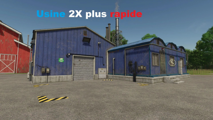 fs25-mods, FS25 mod Factories 2x faster v1.0.0.0 showing a blue factory building with a 'Usine 2X plus rapide' sign.