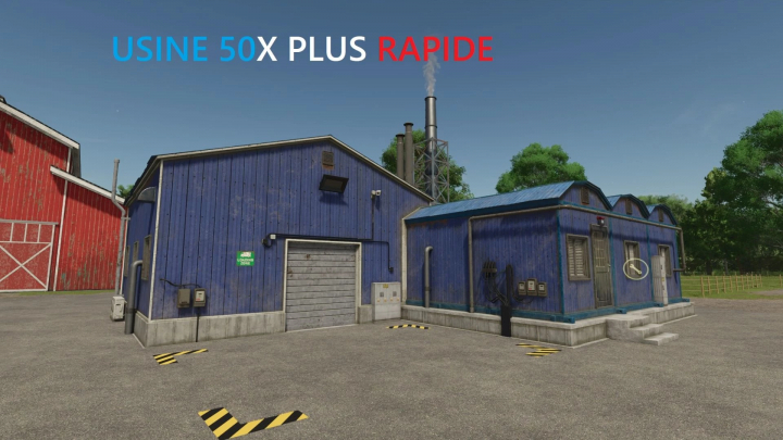 fs25-mods, FS25 mods image showing Faster 50x Factories v1.0.0.0, featuring a blue factory building with smoke tower.