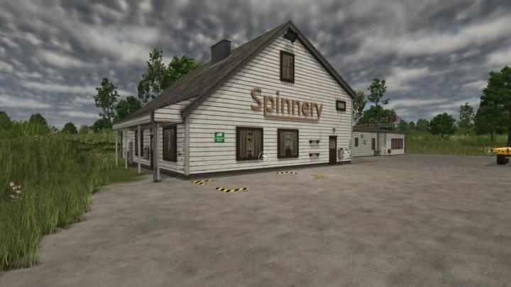 fs25-mods,  FS25 mod Filature accelerated production v1.0.0.0 showing the exterior of a spinney building under cloudy skies.