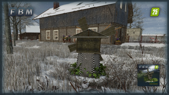 fs25-mods, Garden Mill mod in FS25, featuring a detailed wooden windmill in a snowy landscape by a rustic house. FBM branding visible.