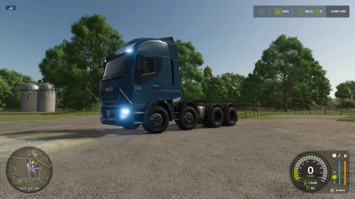 fs25-mods, Iveco HIWAY 440 truck mod in Farming Simulator 25, featured in a rural setting with trees and silos.