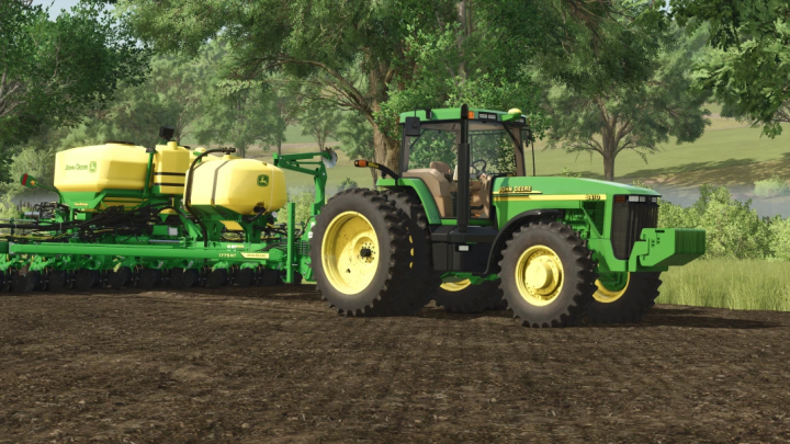 fs25-mods,  FS25 mods, John Deere 8100 tractor in Farming Simulator 25 mod, on farmland with planter attachment.