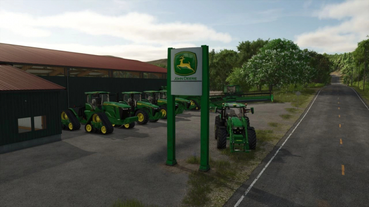 fs25-mods, FS25 mod John Deere Dealer Sign with green tractors in a yard.