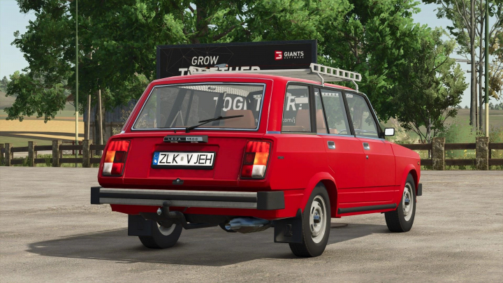 fs25-mods,  Lada 2104 mod for Farming Simulator 25 showcasing red car at farm.