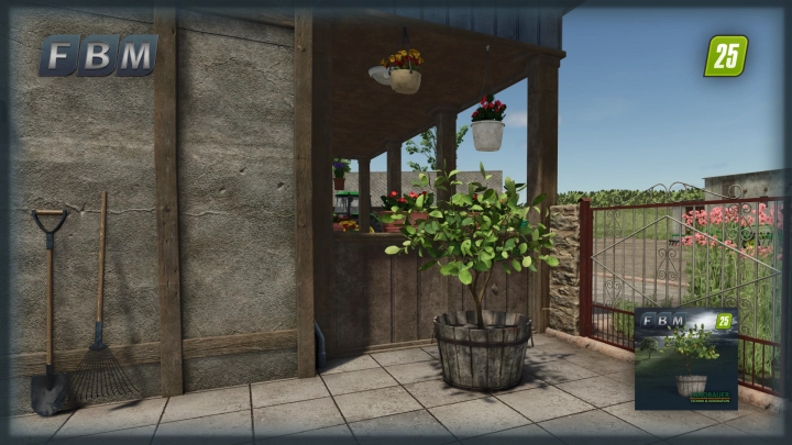 fs25-mods, Lemon tree mod in FS25 displayed in a rustic garden setting, featuring tools and a gated entrance.