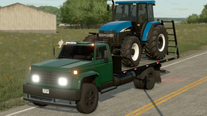 fs22-mods,  FS22 mod Lizard D14000 v1.0.0.0 showing a green truck carrying a blue tractor on a flatbed trailer in Farming Simulator 22.