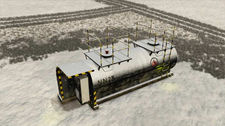 fs25-mods, Lizard Fuel Tank mod in snowy terrain for FS25, featuring large cylindrical tank with safety railings and ladders.