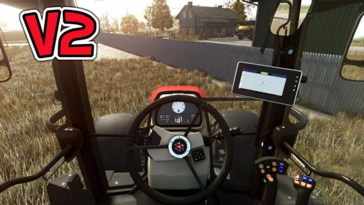 fs25-mods, Interior view of Massey Ferguson 6700S Series v2.0.0.0 mod in FS25, showcasing the cockpit with steering wheel and control panel.