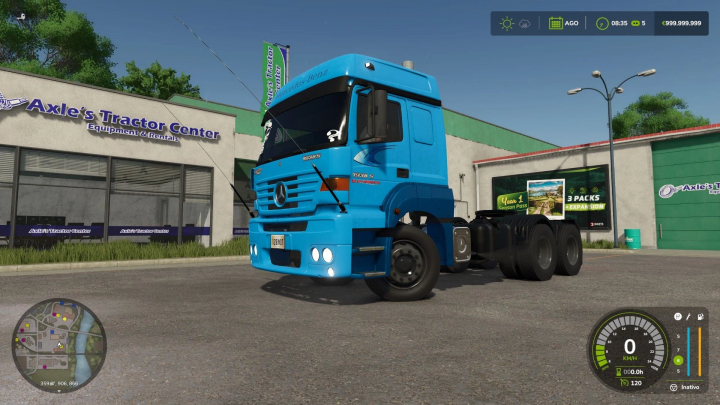 fs25-mods,  Blue Mercedes 1938 S truck mod in FS25, parked outside Axle's Tractor Center.