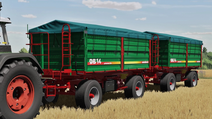 fs25-mods,  FS25 mod Metaltech DB Pack v1.0.0.0 showing green trailers with red frames in a field.