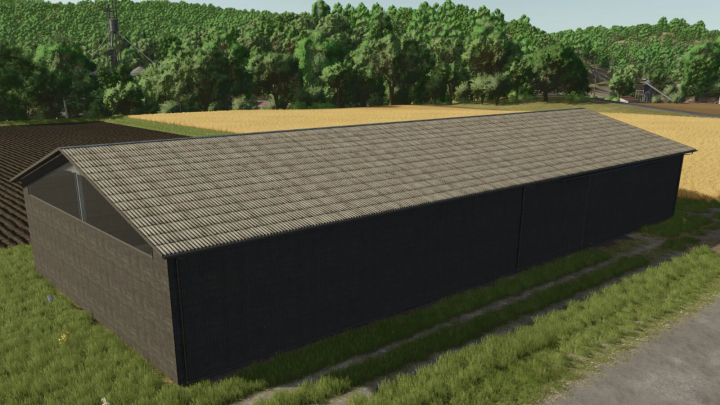 fs25-mods,  Modern wooden barn mod for FS25, featuring a large structure set amidst fields and trees.