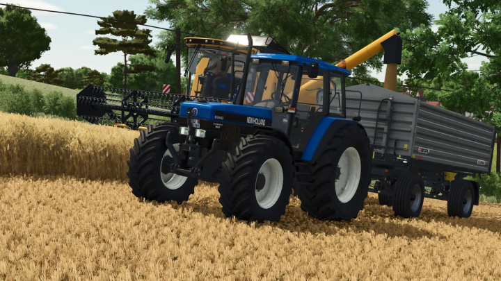 fs25-mods,  New Holland/Ford tractor 8x40 mod in FS25 game, harvesting wheat field.