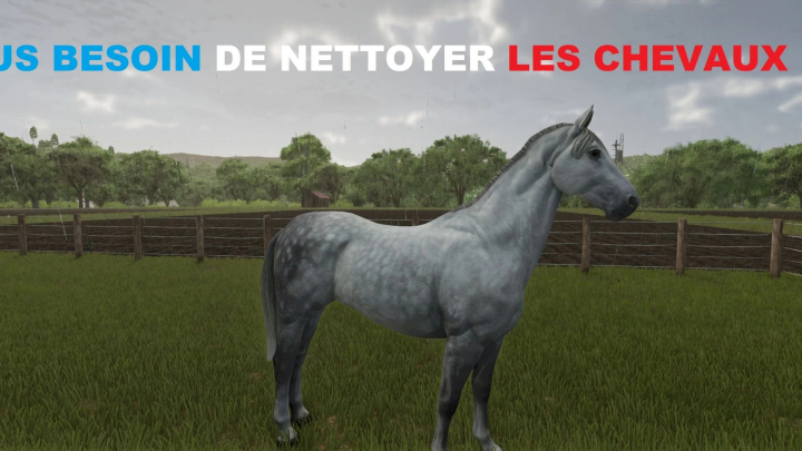 fs25-mods, FS25 mod No need to clean horses anymore features a horse in a green pasture with promotional text in French.