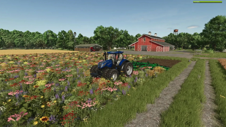 fs25-mods, FS25 mod Oil Radish Texture v1.0.0.0: blue tractor in a colorful field near red barn.