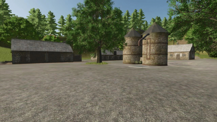 fs25-mods,  FS25 mods: Old stone buildings from Pack of 7 in Farming Simulator 25, surrounded by trees.