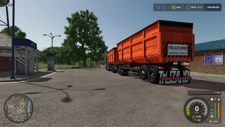 fs25-mods, Randon Rodotrem Basculante in FS25 mod with orange trailers parked at an ATM location in Farming Simulator 25.