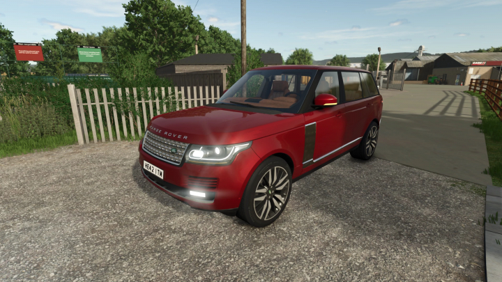 fs25-mods, Range Rover LWB mod in FS25, version 1.2.0.0, showcasing detailed exterior in a farm setting.