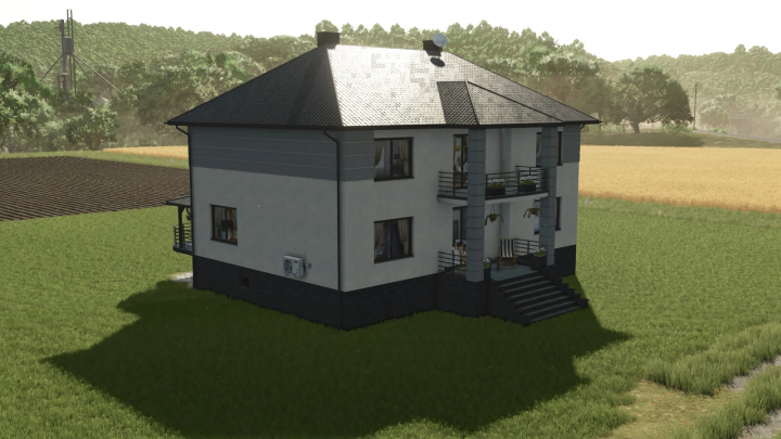 fs25-mods, Renovated house mod in FS25, showcasing a modern farmhouse surrounded by fields and trees.