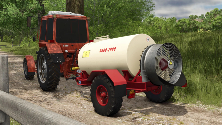 fs25-mods,  Rostselmash OPVS-2000 mod in FS25, featuring an agricultural machine hitched to a tractor on a dirt road.