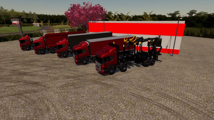 fs22-mods,  Row of red Scania P310 trucks in FS22 mod, parked on paved surface with trees in background.