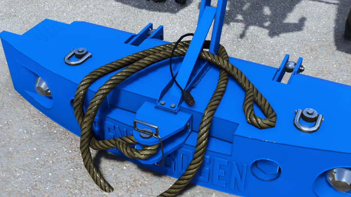 fs25-mods,  Sennebogen 2700KG weight mod for FS25, featuring a blue weight block with hooks and a coiled yellow rope.