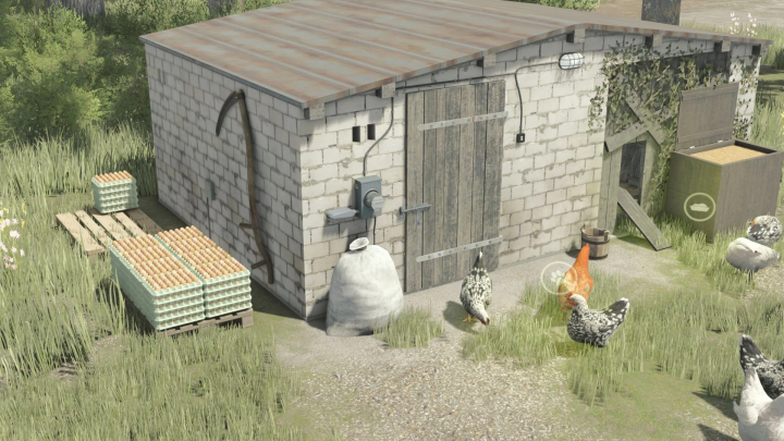 fs25-mods,  Small brick chicken coop in Farming Simulator 25 mod with hens and egg trays outside.