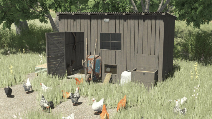 fs25-mods, Image of a Small Chicken Coop 5x3 mod for FS25, featuring chickens near a rustic wooden coop in a grassy field.