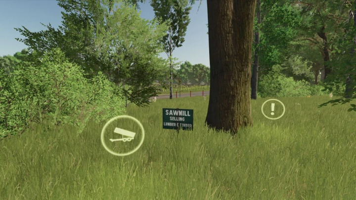 fs25-mods, FS25 mods scene showing sawmill sign in lush forest, related to Small point of sale of wood mod.