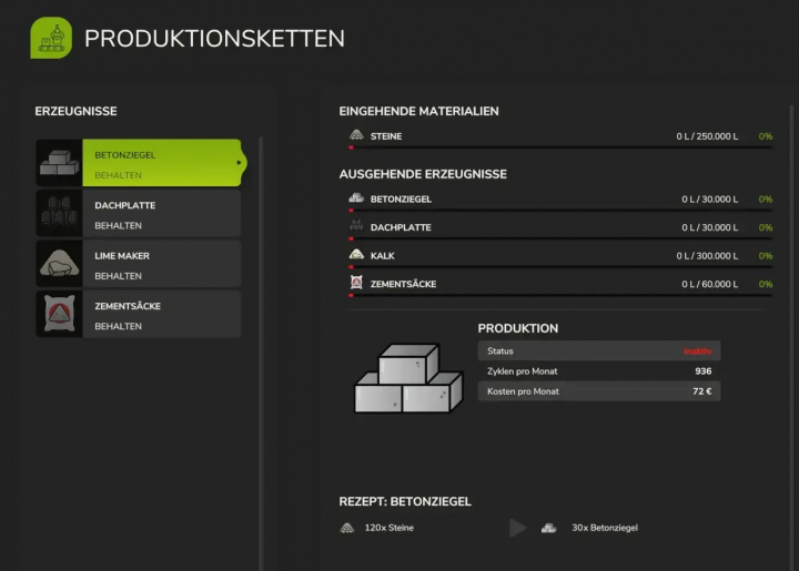 fs25-mods,  FS25 Stone Mill mod production chain interface showing resources and production status.