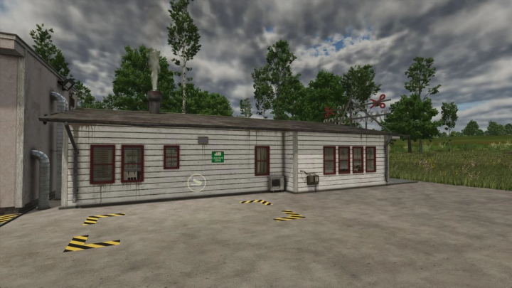 fs25-mods,  Tailor workshop in FS25 mod, showcasing accelerated production. Features a wooden building with adjacent loading zone.