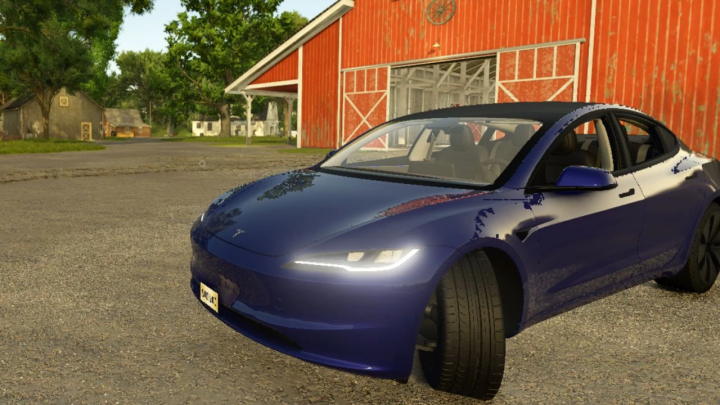 fs25-mods,  Tesla Model 3 2025 mod in FS25, parked by a red barn in Farming Simulator 25.