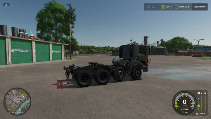 fs25-mods, FS25 mod Volkswagen Constellation truck parked in a lot with warehouse in Farming Simulator 25.