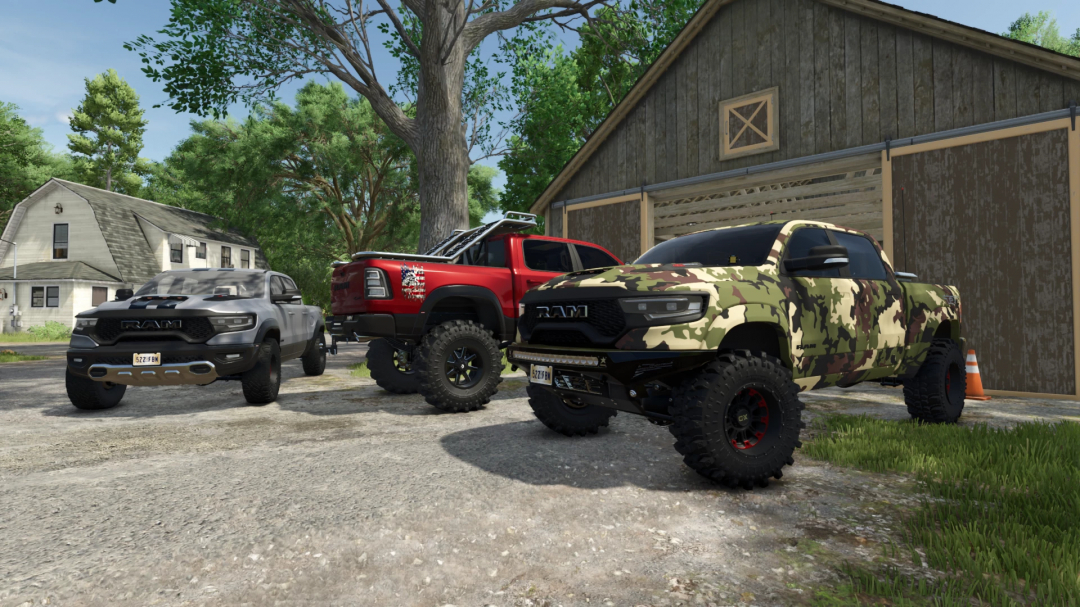 Three modified Ram TRX trucks parked outdoors in Farming Simulator 25, showcasing different designs. FS25 mods for enhanced gameplay.