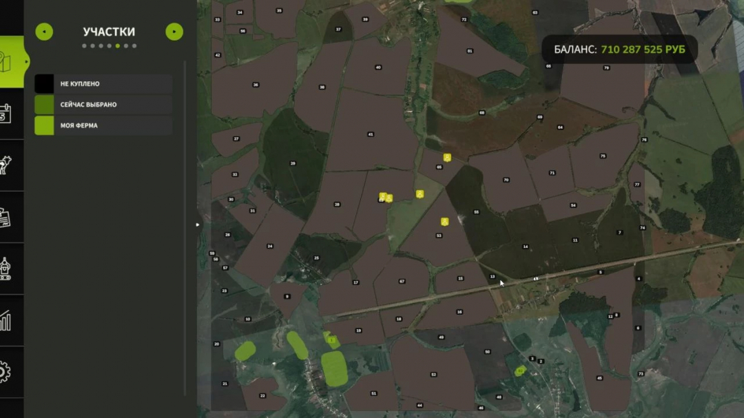 Map of farm plots in 38 REGION mod for FS25 showing multiple fields and status, with a balance displayed in the top right.