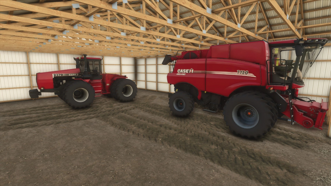 Inside view of a 60x63 shed mod for FS25, featuring a red tractor and harvester parked under a wooden roof.