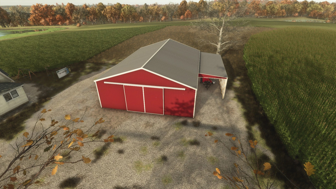 Aerial view of the 60x63 red shed mod in Farming Simulator 25, surrounded by autumn trees and green fields.