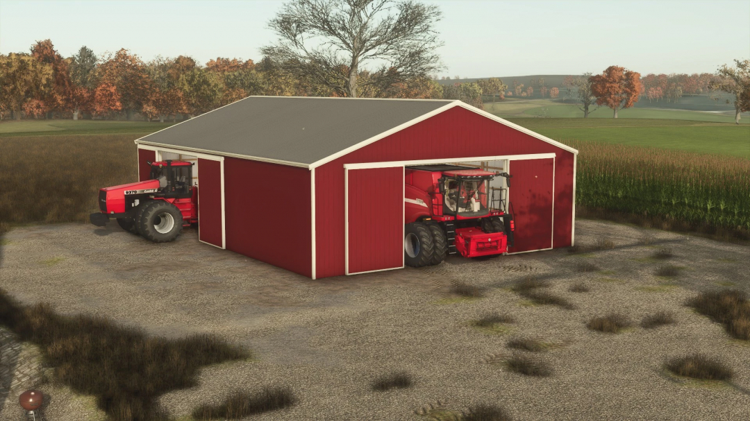 FS25 mod 60x63 Shed v1.0.0.0 with red tractors inside, surrounded by fields and trees.