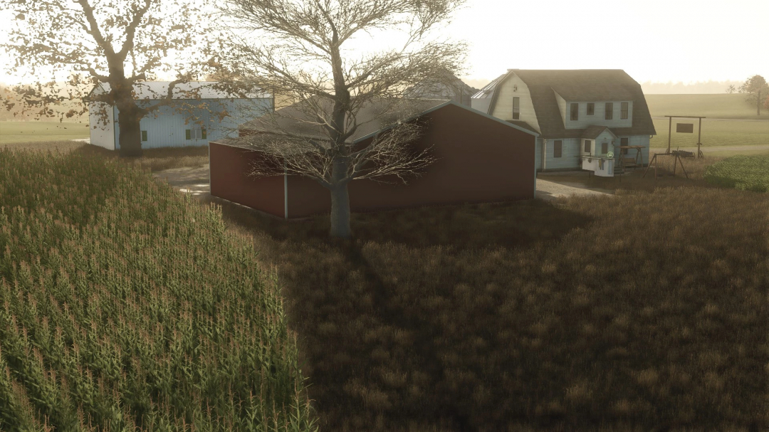 Farm with 60x63 shed mod in Farming Simulator 25, featuring a large barn, trees, and surrounding farmland.