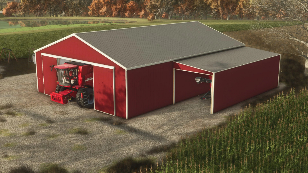 60x63 shed mod for Farming Simulator 25 showcasing a red barn with farm equipment inside.