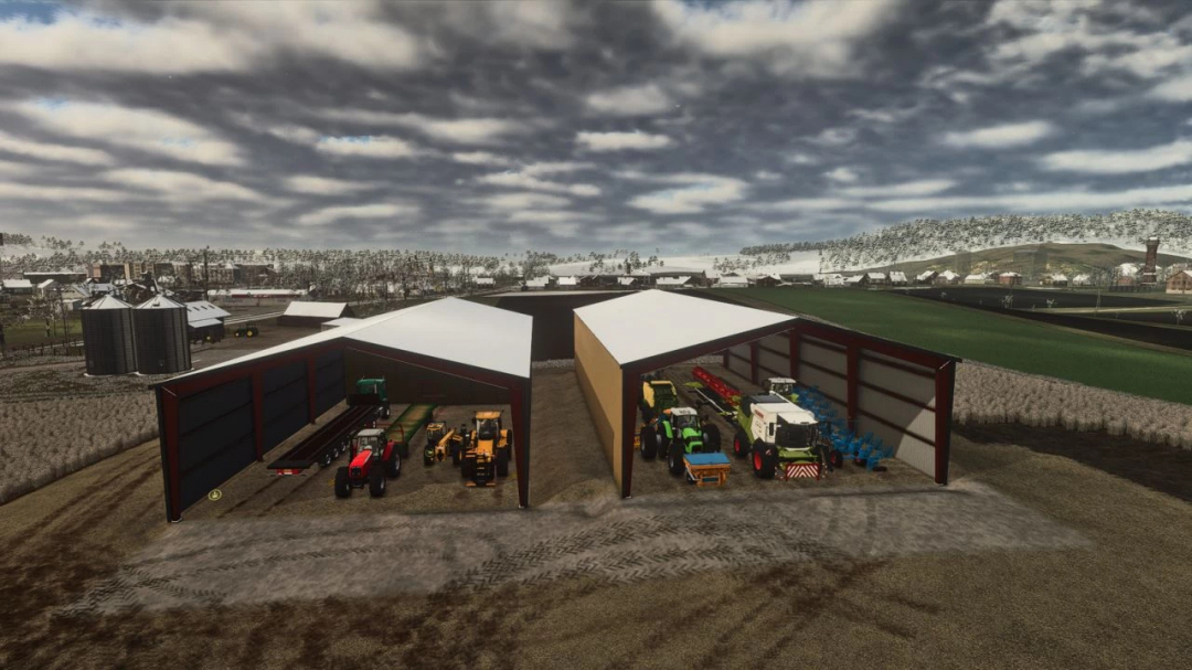 Agricultural warehouse mod in FS25 showcasing large storage shelters with farm equipment inside.