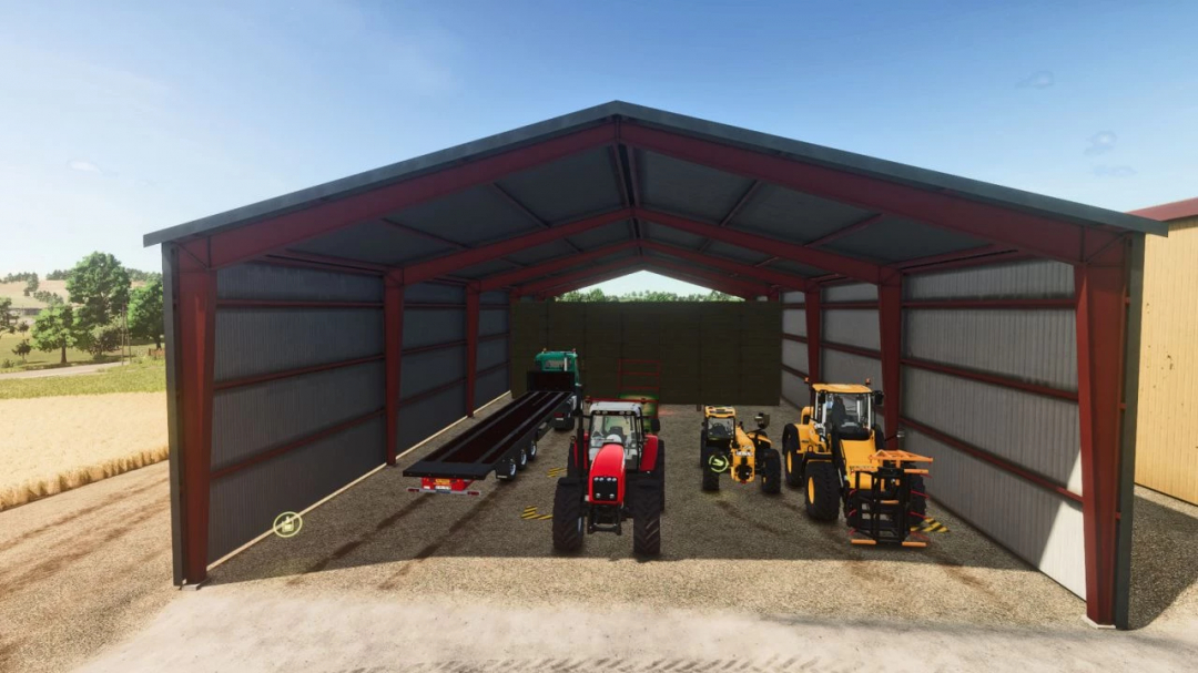 FS25 mod Agricultural warehouse v1.0.0.0 showing tractors and equipment inside a large shed.