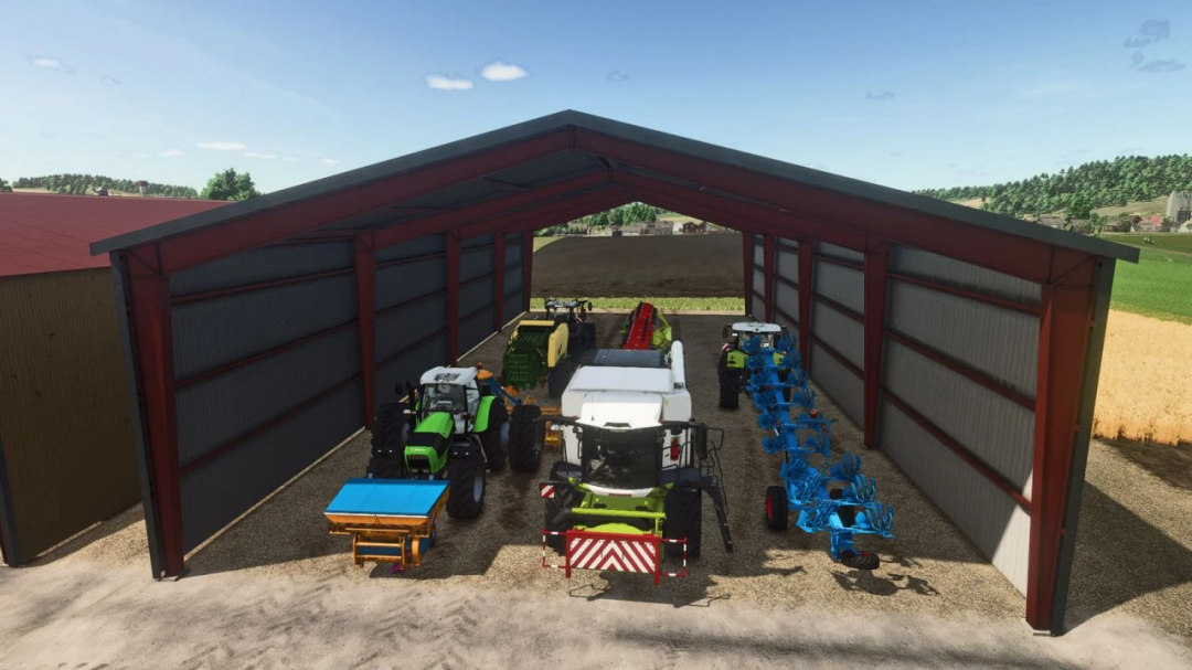 FS25 mod Agricultural warehouse v1.0.0.0 showing stored farm machinery in a spacious barn.