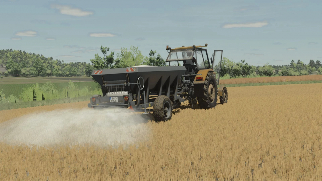 Farming Simulator 25 mod, Agromet RCW 3 v1.0.0.0, spreading fertilizer on field.